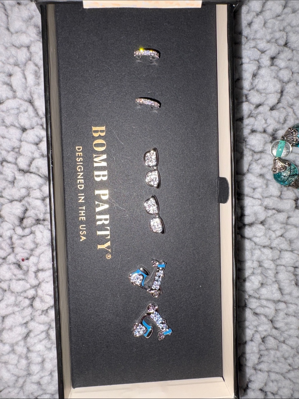 bp Bomb Party Silver and Blue Crystal Earring Set